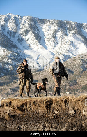 Zwei Jäger verfolgen Gänse mit ihrem Hund in Nevada. Stockfoto