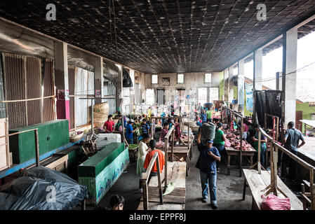 GRANADA, Nicaragua – Ein Frischfleischverkäufer betreibt einen Stand im Mercado Municipal, Granadas zentralem Marktplatz. Der Fleischbereich des Marktes bietet lokale Metzgereien, die täglich verschiedene Stücke von frischem Fleisch anbieten. Die traditionellen carnicerías (Metzgereien) sind ein wesentlicher Bestandteil des Lebensmittelversorgungsnetzes des Marktes. Stockfoto