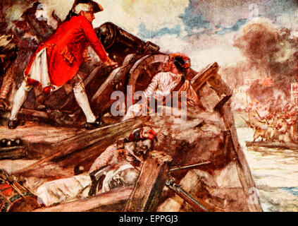 Robert Clive, um eine Waffe in der Schlacht von Plassey in Indien, 1757 Stockfoto