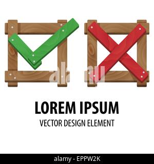 Ja oder Nein Symbole. Falsche und richtige Häkchen aus Holz gebaut. Überprüfen Sie und Mark cross Stock Vektor