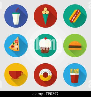 Vektor-Illustration von flachen Fast-Food-Icons. Set von Icons mit Speisen und Getränken für Menü, Café und Restaurant. Bunte und lange Stock Vektor