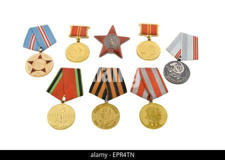Die Medaillen der sowjetischen Helden isoliert auf weißem Hintergrund Stockfoto