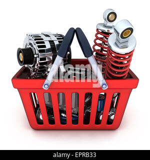 Viele Autoteile in Warenkorb (durchgeführt in 3d) Stockfoto