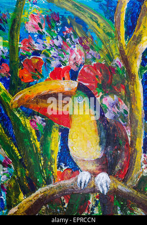 Bird Of Paradise Toucan unter Blumen im tropischen Dschungel. Handgemachte Kunst Acryl Bild auf Leinwand Stockfoto