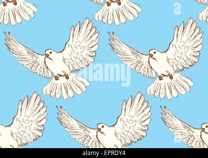Skizzieren Sie Taube des Friedens im Vintage-Stil, Vektor nahtlose Muster Stock Vektor