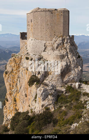 Katharer Burg von Queribus, Aude, Languedoc-Roussillon, Frankreich. Stockfoto