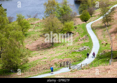 Wanderer auf der Kreisbahn um Tarn Hows, in der Nähe von Hawkshead Hill, Lake District, Cumbria Stockfoto