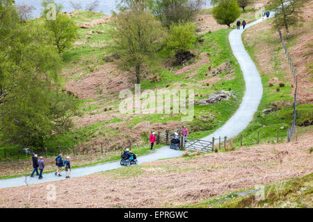 Wanderer und Scooter auf der Kreisbahn um Tarn Hows, in der Nähe von Hawkshead Hill, Lake District, Cumbria Stockfoto