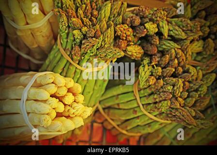 riesige Trauben von großen grünem und weißem Spargel Stockfoto