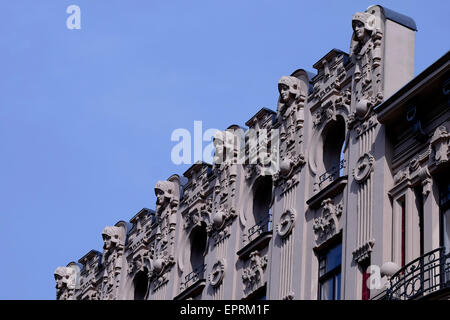 Jugendstil-Dekorationen in der Albert Street (Lettisch: Alberta Iela) bekannt für seine Wohnung Jugendstilbauten, viele von ihnen entworfen von dem Architekten Mikhail Eisenstein in der alten Stadt Riga Hauptstadt der Republik Lettland Stockfoto