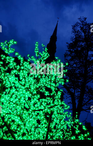 Turm der St. Peter Kirche oder Peterbaznica wird durch geschmückten Baum mit Lampen in die alte Stadt Bezirk von Riga Hauptstadt der Republik Lettland Vecriga gesehen. Stockfoto