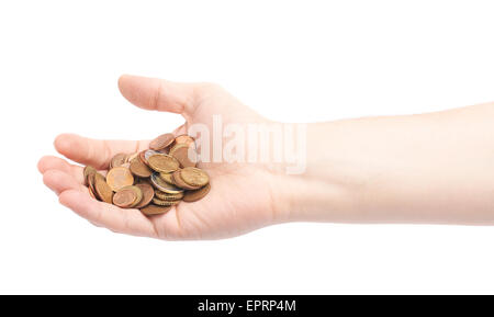 Hand mit einem Haufen von Euro-Münzen Stockfoto