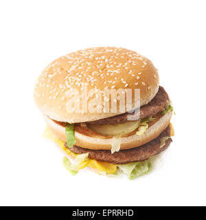 Doppel-Burger mit Salat, isoliert Stockfoto