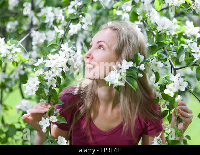 Junge attraktive Frau stehen in der Nähe des blühenden Apfelbaums Stockfoto