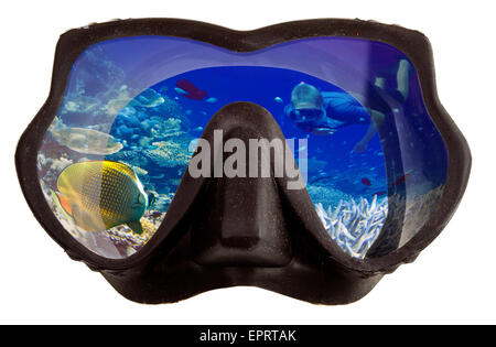 Unterwasserlandschaft spiegelt sich in der Maske Brille für einen Schnorchel (Tauchen) Stockfoto