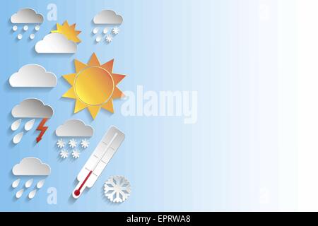 Wetter in Papier Stil auf blauen Gradienten Hintergrund unterzeichnet. Vektor-Hintergrund oder separate Elemente Stock Vektor