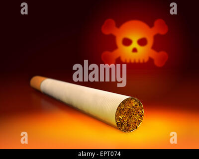 Schädel und Zigarette. 3D Darstellung der Anti-Raucher-Konzept. Stockfoto