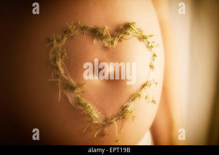 Bild von einem Baby-Bauch mit Creme Kresse Herzen in der warmen Sonnenlicht Stockfoto