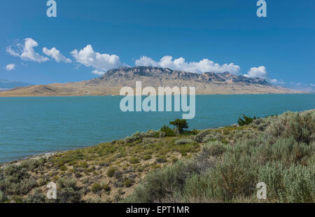 Blick über die Shoshone River und Reservoir flankiert von Bergen und Wüsten-Beifuß an einem hellen Sommertag in der Nähe von Cody, Wyoming, USA. Stockfoto