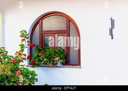 Abgerundete Holzrahmen Fenster mit roten Geranien Blumentöpfe und schwarzem Eisen Thermometer auf weißen Wand Stockfoto