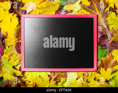 Tafel auf Herbst Herbst Blätter Hintergrund Stockfoto