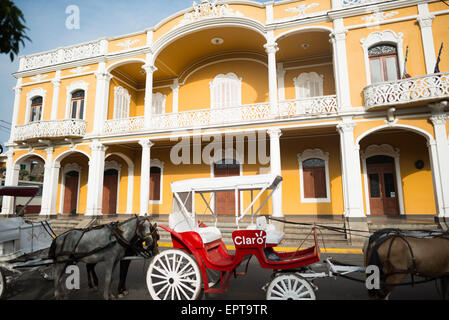 GRANADA, Nicaragua – Pferdekutschen Reihen sich entlang der Westseite des Parque Central an, um Touristen auf Besichtigungstouren durch das historische Zentrum von Granada zu nehmen. Der Parque Central ist der Hauptplatz und das historische Herz von Granada, Nicaragua. Stockfoto