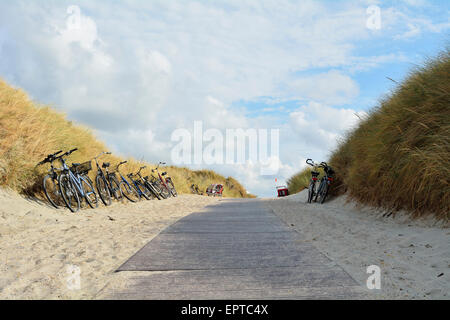 Weg zum Strand mit Fahrrädern, Sommer, Norderney, East Frisia Insel, Nordsee, Niedersachsen, Deutschland Stockfoto