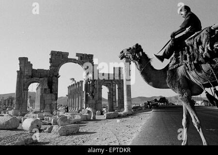 Palmyra, Tadmur, Syrien. 29. Sep, 2009. Image Datei - Haupteingang an antiken Ruinen von Palmyra, Tadmor, Syrien. Im Zeitalter der Antike war es eine wichtige Stadt Zentrum von Syrien. Militante Islamisten Staat (IS) in Syrien der antiken Stadt Palmyra ergriffen haben und die Website mit wertvollen Ruinen eingegeben haben. Bild im Bild vom September 2003. Hinweis: Eingescannten und bearbeiteten Bild aus einer original schwarz-weiß-Film. © Jordi Boixareu/ZUMA Draht/Alamy Live-Nachrichten Stockfoto