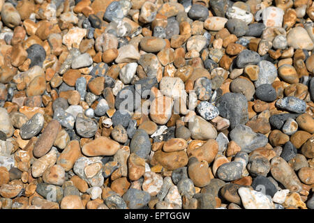 Bunte Kieselsteine in verschiedenen Größen und Formen am Strand von Brighton, Sussex, England, Großbritannien, Vereinigtes Königreich. Stockfoto