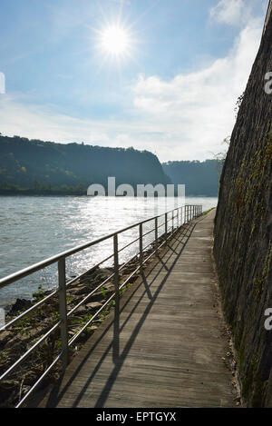 Rheintal-Weg mit Sonne, Sankt Goarshausen, Loreley, Rhein-Lahn-Kreis, Rheinland-Pfalz, Deutschland Stockfoto