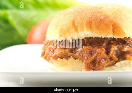 Wir fuhren Schweinefleisch Sloppy Joe, ein nicht so gesund Sommer American Grundnahrungsmittel Stockfoto