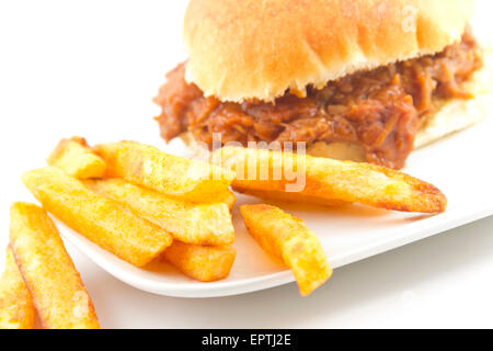 Wir fuhren Schweinefleisch Sloppy Joe, ein nicht so gesund Sommer American Grundnahrungsmittel Stockfoto