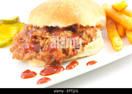 Wir fuhren Schweinefleisch Sloppy Joe, ein nicht so gesund Sommer American Grundnahrungsmittel Stockfoto