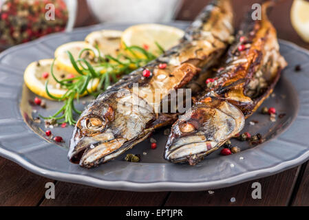 Gebackene ganze Makrele Fisch mit Gewürzen, Zitrone und Rosmarin auf einem Teller auf Holztisch Stockfoto