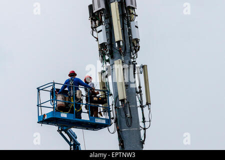 Zwei Männer arbeiten aus einem Aufzug Eimer auf einem Handy oder Handy Turm in Modesto, Kalifornien Stockfoto