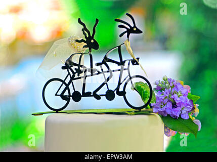 Schwarze Metall-Figuren der Braut und des Bräutigams auf Tandem-Fahrrad top eine Hochzeitstorte. Stockfoto