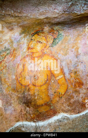 Rock Malerei Fresken der Jungfrauen in der Schloss-Festung Sigiriya, Central Province, Sri Lanka, Asien Stockfoto