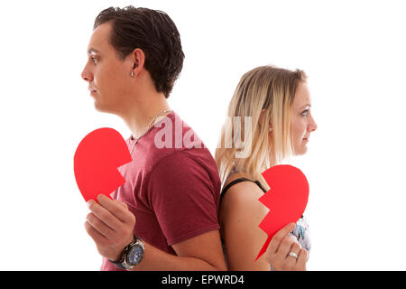 Junges Paar bricht oben isoliert auf weißem Hintergrund Stockfoto