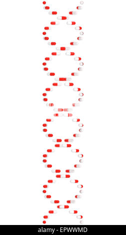 DNA-Strang Helix-Form-Pillen isoliert auf weißem Hintergrund. Stockfoto