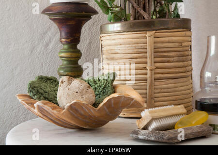 Bad-Produkte und Dekoration einschließlich Nagelbürste, Seife, Luffa und Pflanze in südafrikanischen Heimat Stockfoto