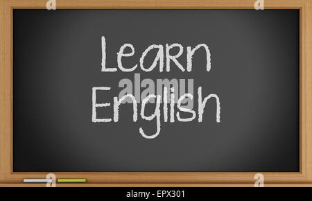 3D Illustration. Lernen Sie Englisch auf Tafel geschrieben. Bildungskonzept Stockfoto