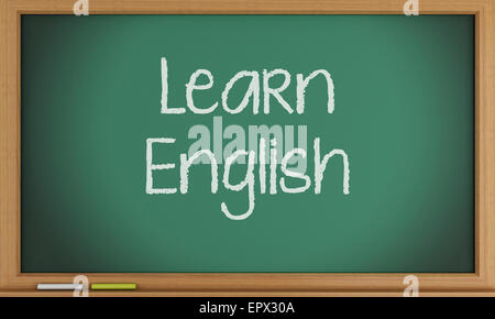 3D Illustration. Lernen Sie Englisch auf Tafel geschrieben. Bildungskonzept Stockfoto