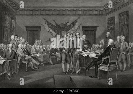 Antike c1850 Stahlstich, Declaration of Independence 4. Juli 1776, nach John Trumbulls berühmten Gemäldes. Zeigt die Redaktionskommission präsentiert seine Arbeit an dem Kongress. Stockfoto