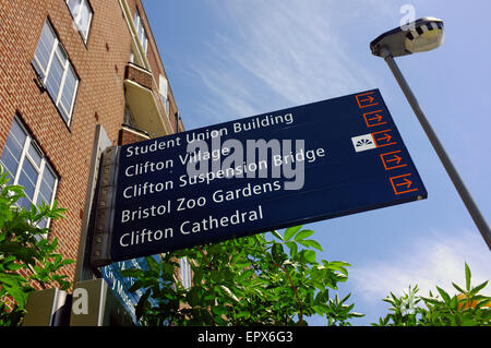 Ein Fußgänger Wegweiser leiten Touristen zu den Sehenswürdigkeiten und Attraktionen in Bristol. Stockfoto