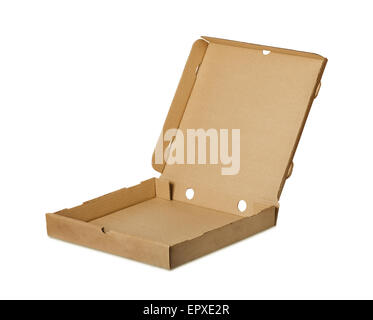Braune Pizza box Om einen weißen Hintergrund Stockfoto