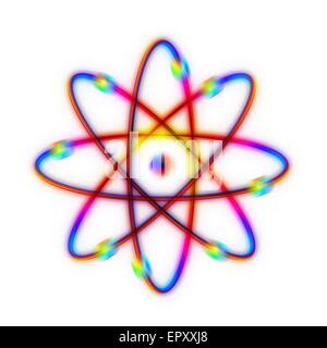 Atomare Struktur. Konzeptionelle Computer Artwork der Struktur des Atoms. Acht Elektronen umkreisen den zentralen Kern bestimmten Pfaden sind zu sehen. Dies ist eine schematische "Bohr-Modell" des Atoms; Elektronen werden gedacht, um Gebiete der Probabi bewohnen Stockfoto