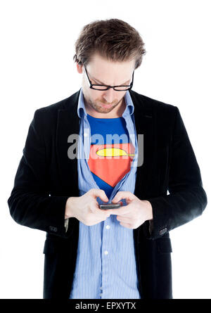 Attraktive 30-jährige Caucasion Mann erschossen im Studio isoliert auf weißem Hintergrund Stockfoto