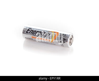 Energizer Batterie isoliert auf weißem Hintergrund Stockfoto