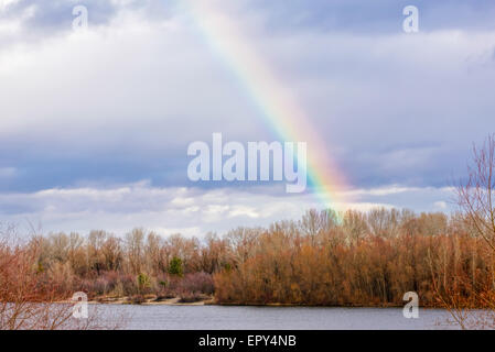 Ein echter Regenbogen über dem Dnjepr in Kiew im winter Stockfoto