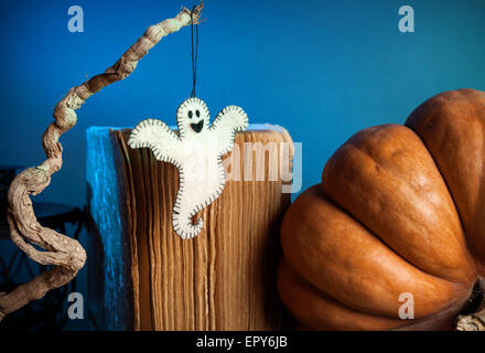 Weiße Gespenst aus Filz auf dem Ast in der Nähe von Kürbis und altes Buch auf Halloweenparty Stockfoto